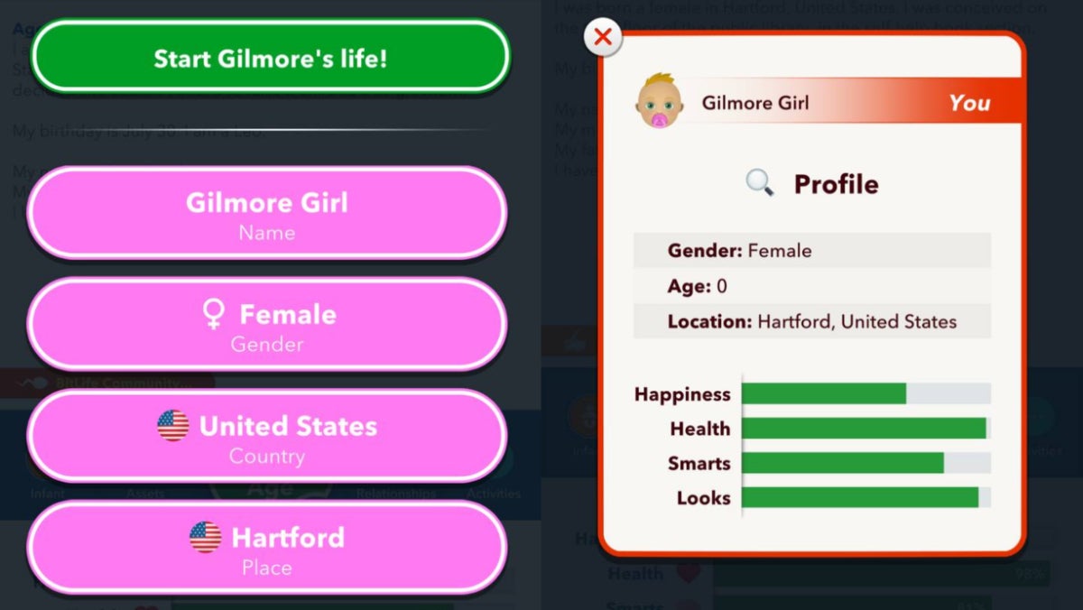 Start a New Life as Gilmore Girl in Bitlife.