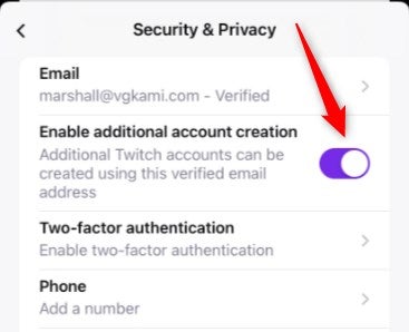 The enable additional account creation option in Twitch.