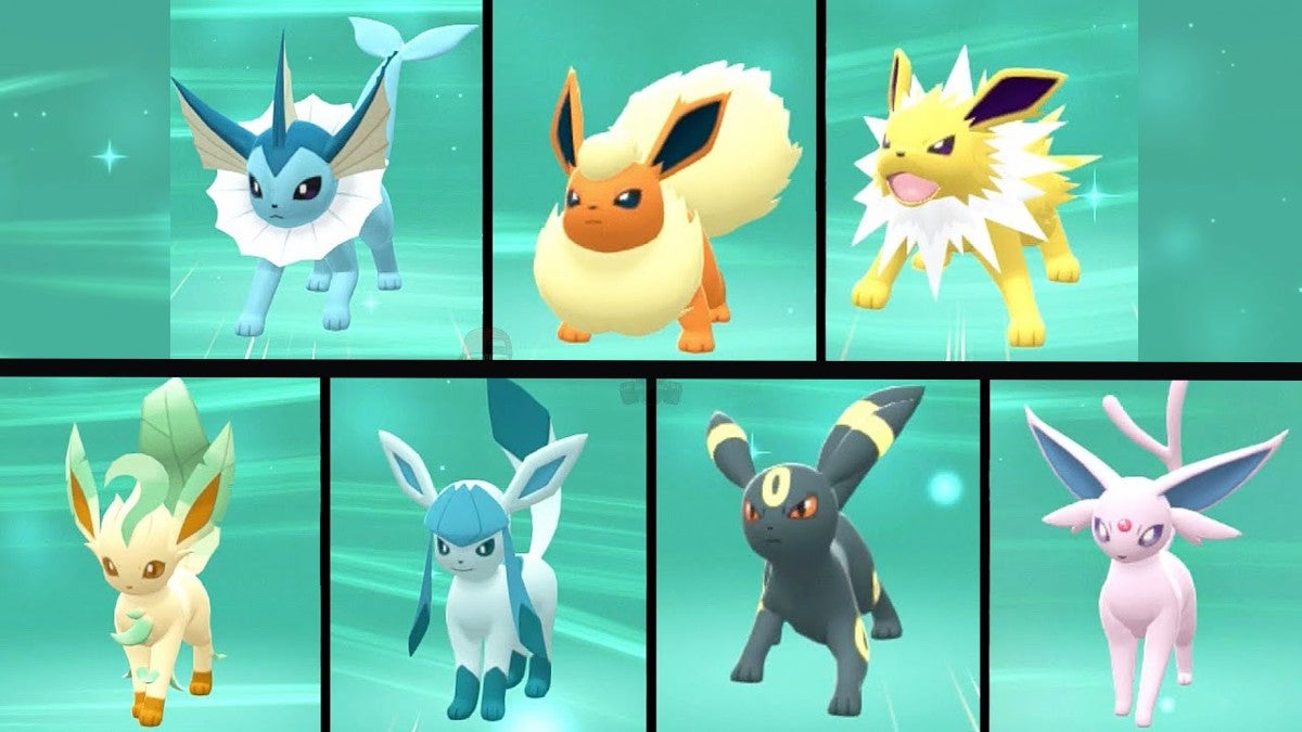 All seven of Eevee's potential evolutions in Brilliant Diamond and Shining Pearl: Vaporeon, Flareon, Jolteon, Leafeon, Glaceon, Umbreon, and Espeon.