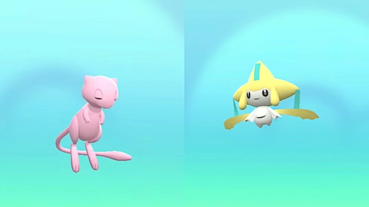 Mew on the left and Jirachi on the right. They are in front of a blue background.