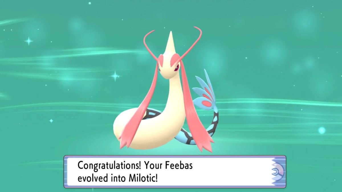 A Feebas evolving into a Milotic in Brilliant Diamond and Shining Pearl. There is a bluish-green background and congratulatory text at the bottom of the screen.