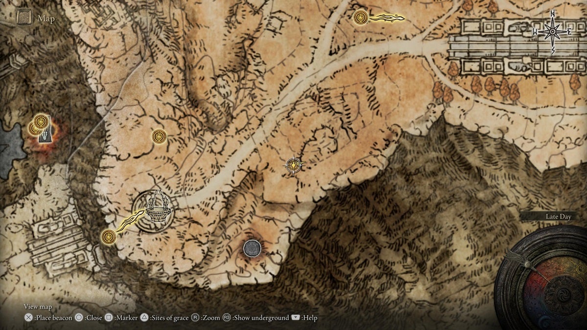 The location of the Stonesword Key in the camp north of the Grand Lift of Dectus.