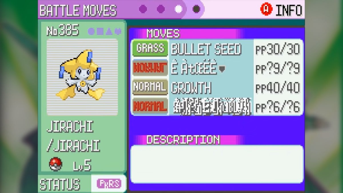 A player getting a glitched Jirachi from using the Pomeg Glitch in Pokémon Emerald.