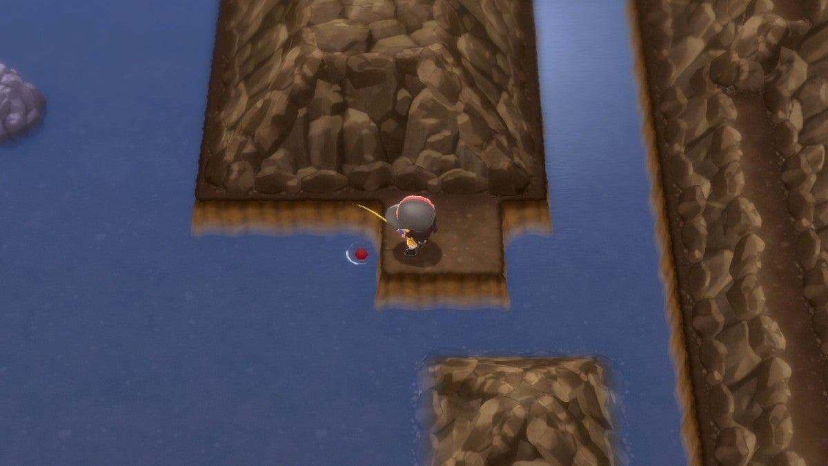 The player fishing in the lake in the B1F area of Mt. Coronet in Brilliant Diamond & Shining Pearl.