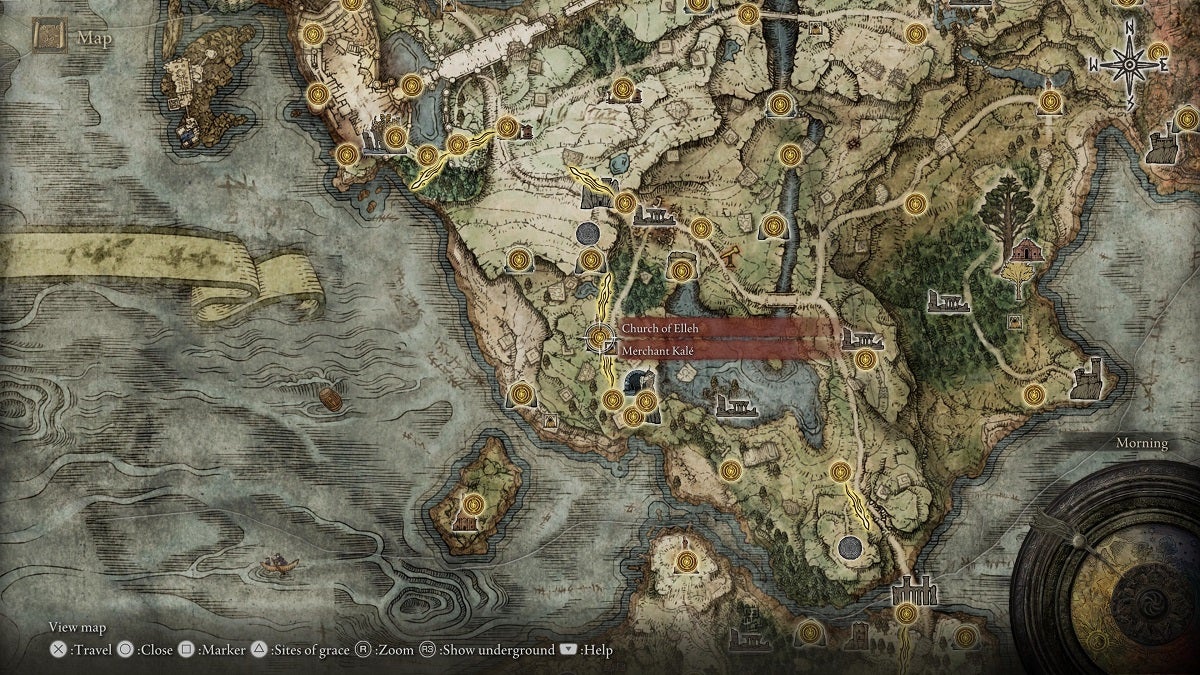 Merchant Kale's location in Elden Ring shown on the map.