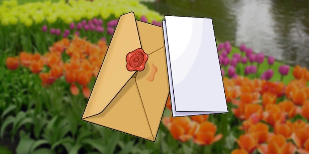 Artwork from Pokémon Platinum depicting Oak's Letter in front of a field of flowers. This is the item you need to get Shaymin.