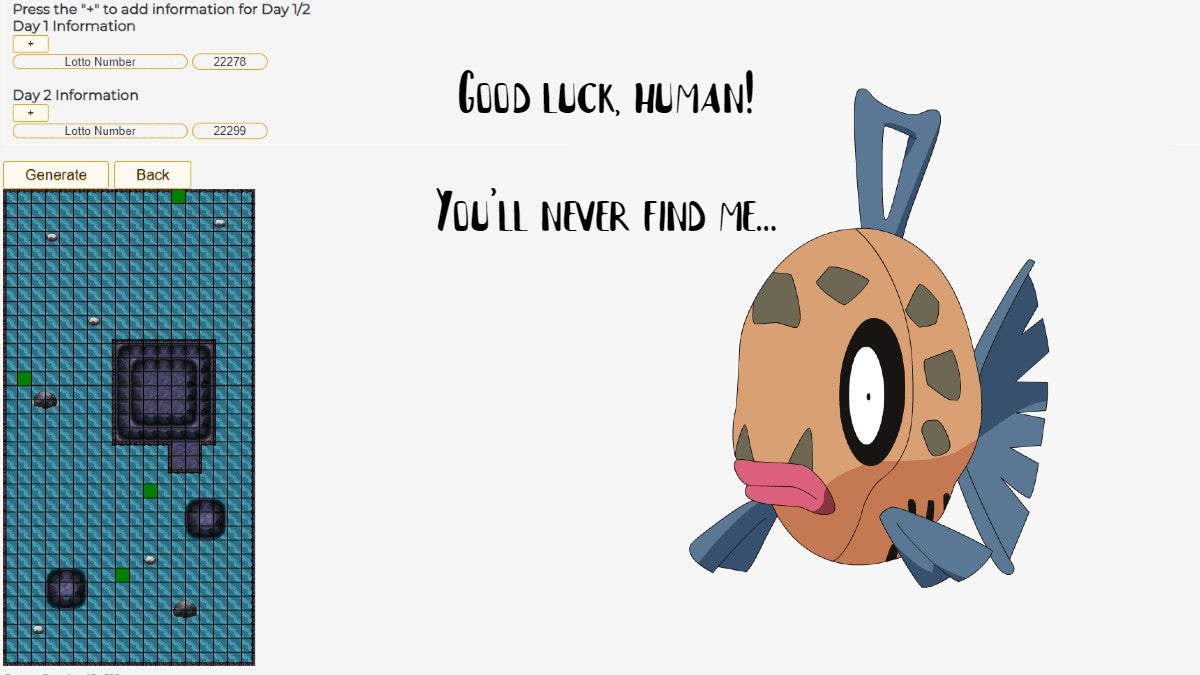 Screenshot of the online Feebas tile finder tool. There is a Feebas and some sassy text edited onto the screenshot.