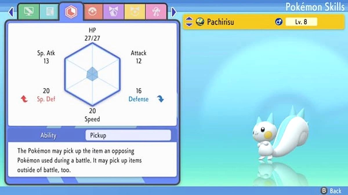 A Pachirisu with the Pickup ability in Pokémon Brilliant Diamond.