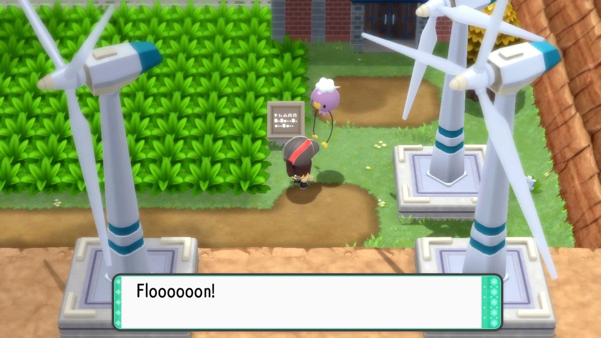 A player talking to a Drifloon in front of the Valley Windworks.