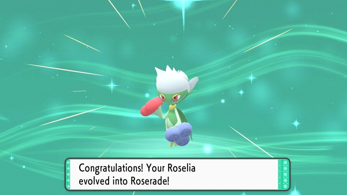 A Roselia evolving into a Roserade in front of a green background.