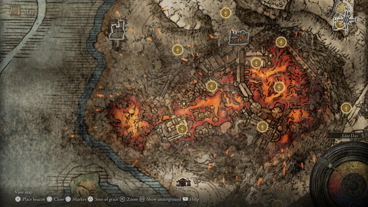 The location of the first Stonesword Key in the Volcano Manor shown on the map.