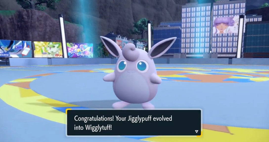 A Wigglytuff that evolved from a Jigglypuff in Pokemon Scarlet and Violet.