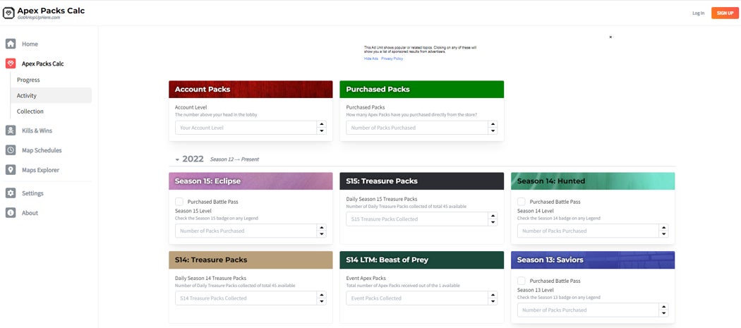 The Apex Legends packs calculator input screen.