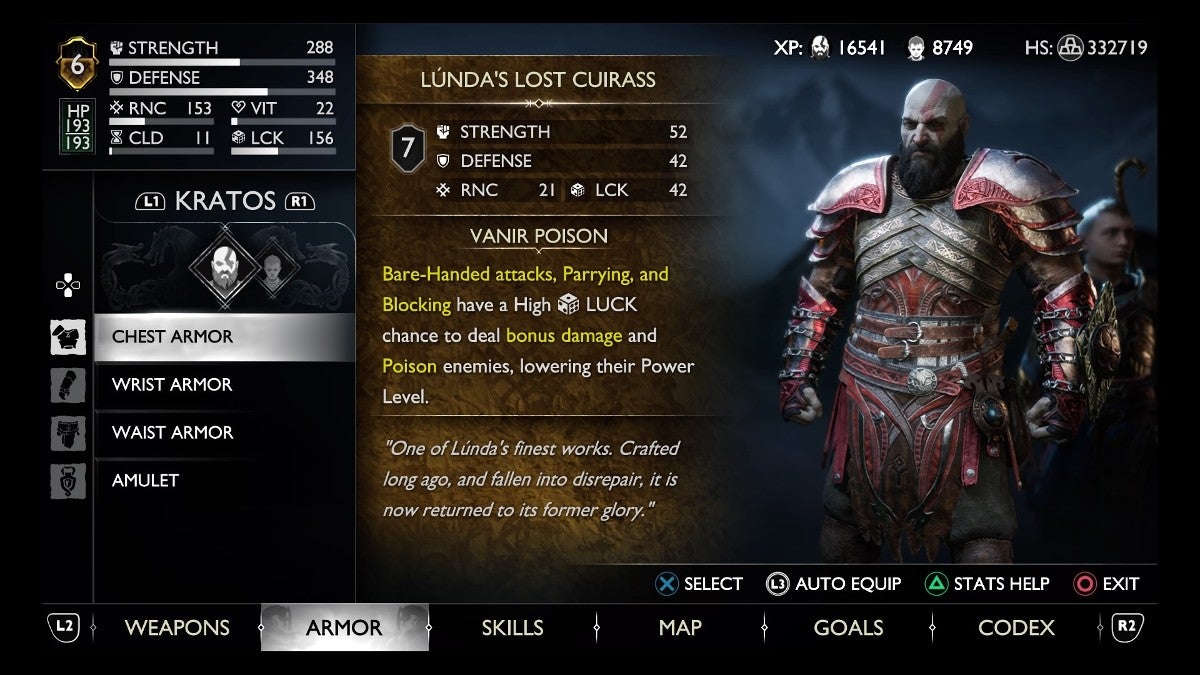 Inventory screen showing Kratos wearing Lunda's Lost Cuirass.