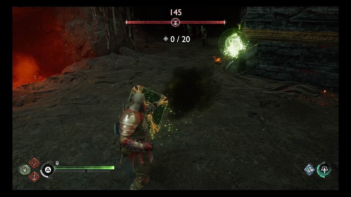 Kratos knocking a wisp back and killing it with a shield strike.
