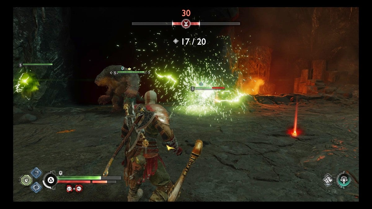 Kratos hitting a Wisp towards a Bergsa.