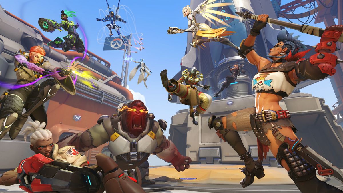 Overwatch 2 heroes leaping into battle with one another.