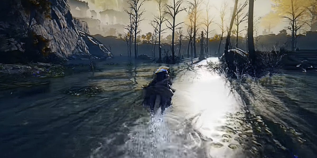A player riding through a shallow lake at dawn.