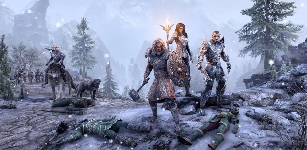 Characters from The Elder Scrolls Online standing together with weapons and dead enemies on the ground.