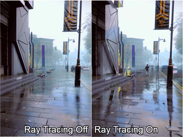Showing the difference between ray tracing in the game Watch Dogs being inactive (left) and active (right). On the right, the reflections in the water are more realistic.