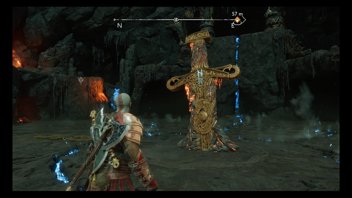 Kratos looking at the central Surtr sword with the NR runes on it.