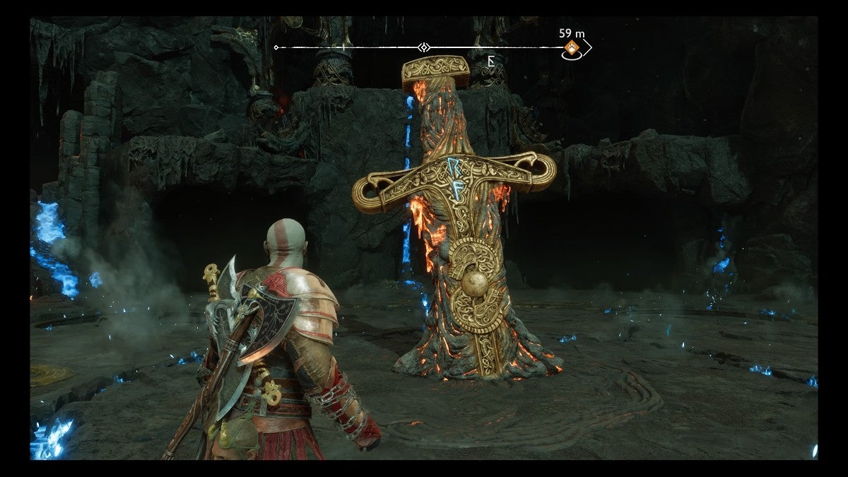 Kratos looking at the central Surtr sword with the RF runes on it.