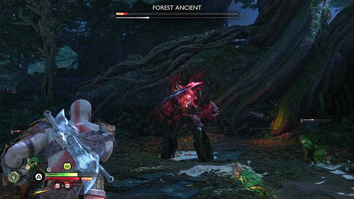Kratos fighting a Forest Ancient in Vanaheim.
