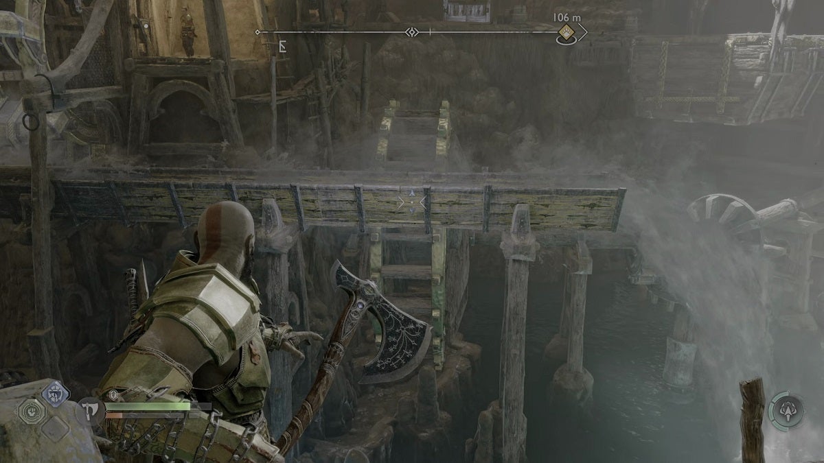 Kratos solving a puzzle in God of War Ragnarök.