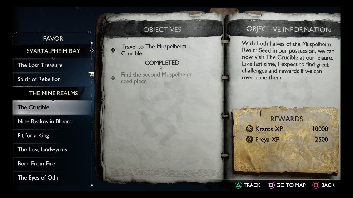Quest description of The Crucible favor where Kratos writes about what he expects from Muspelheim.