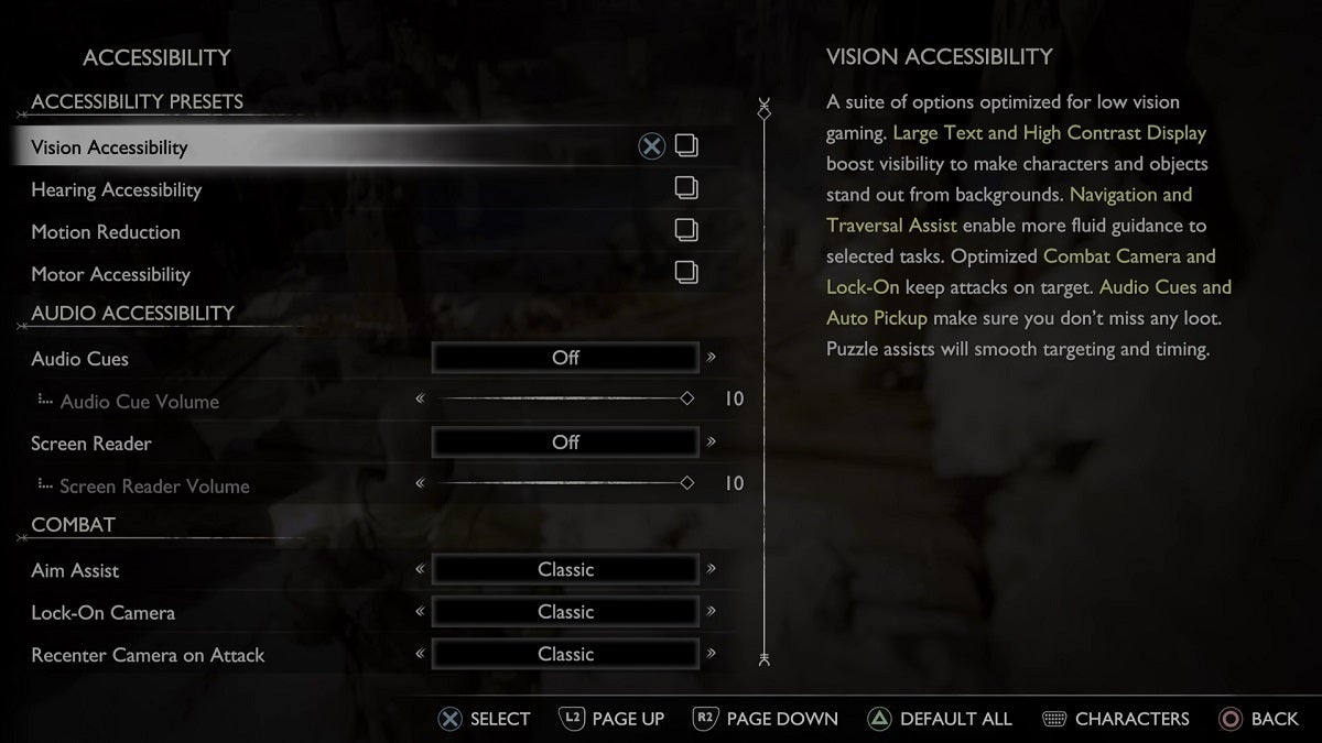 Accessibility options from God of War Ragnarök.