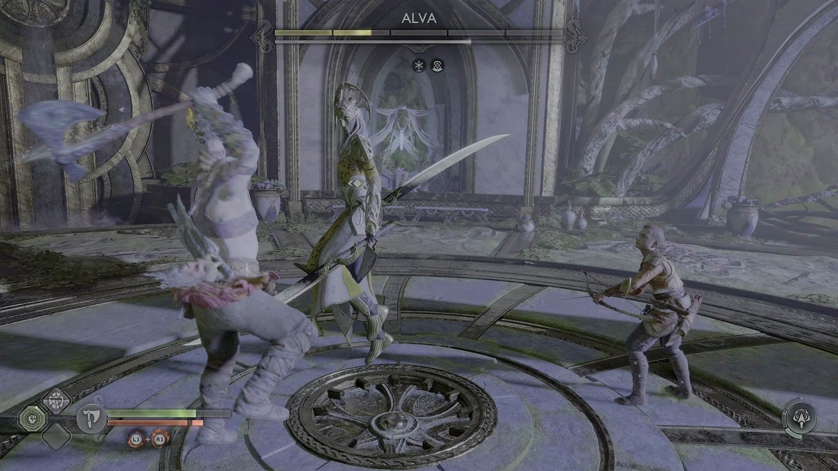 Kratos and Atreus fighting a light elf.