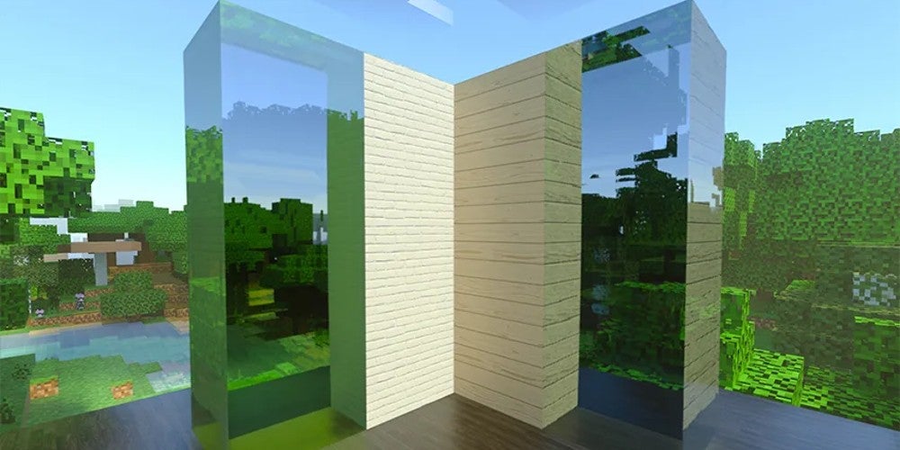 Birch planks and glass stacked perpendicular to each other in order to show off how light bounces off of each surface with a ray tracing mod.