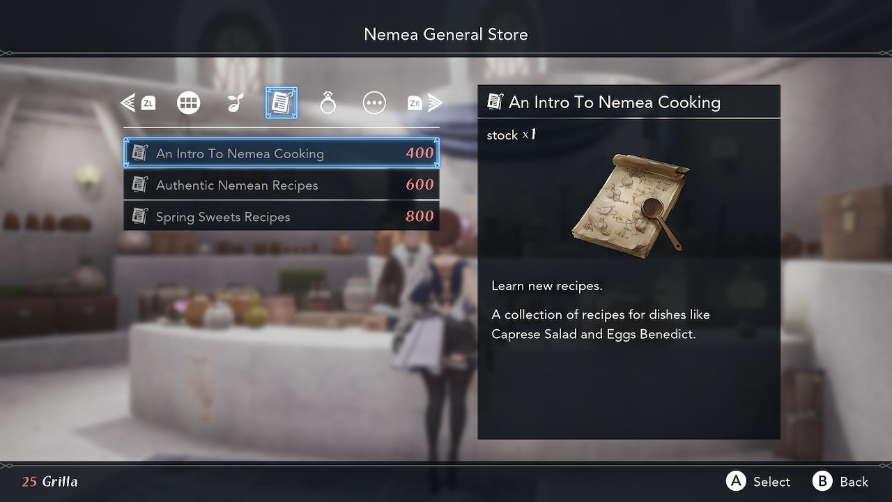 Examples of recipes you can buy at the General Store.