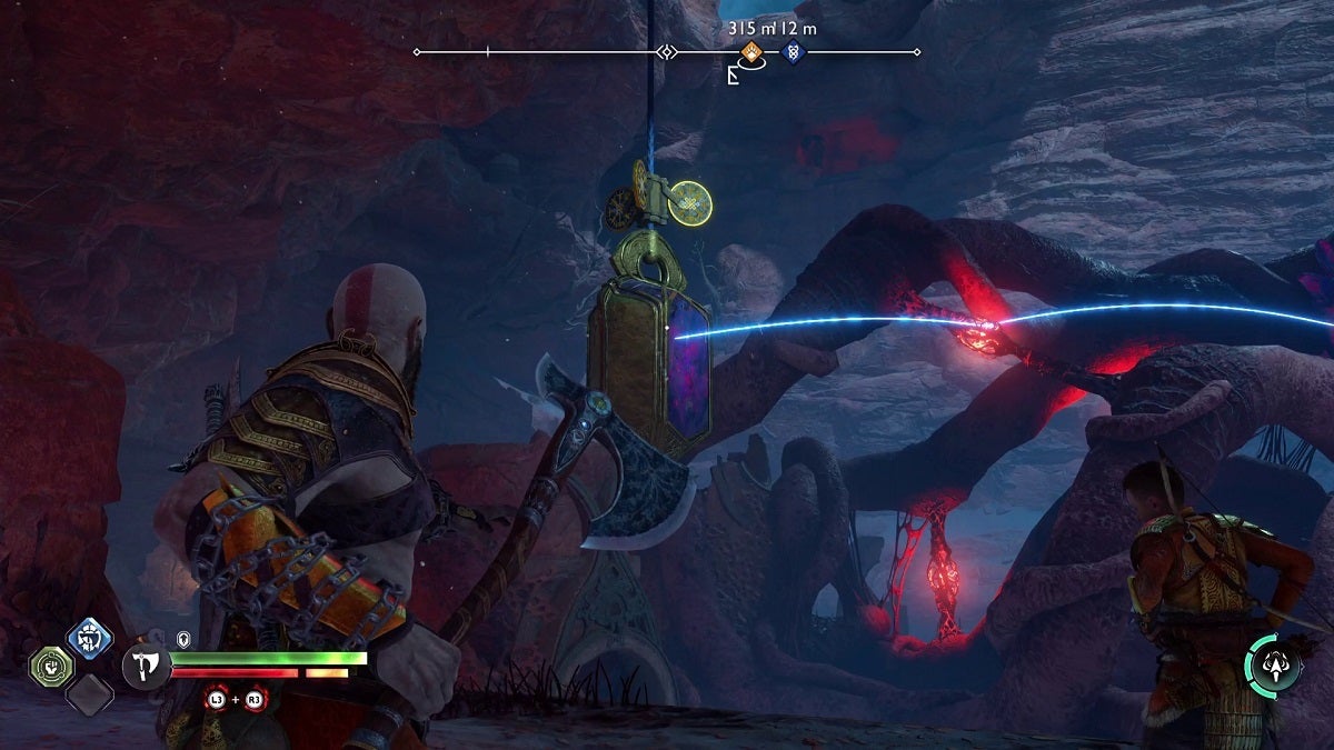 Throwing the Leviathan Axe at a twilight stone surface on a gold ornament in God of War Ragnarok.