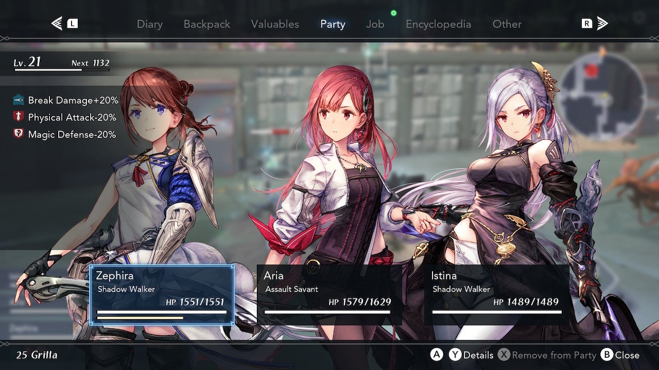 Party screen in Harvestella, displaying your character, Aria, and Istina.