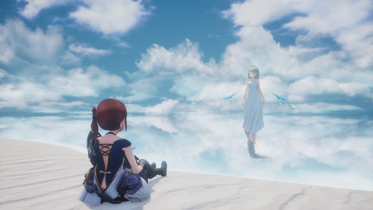 Character talking to girl in the clouds.