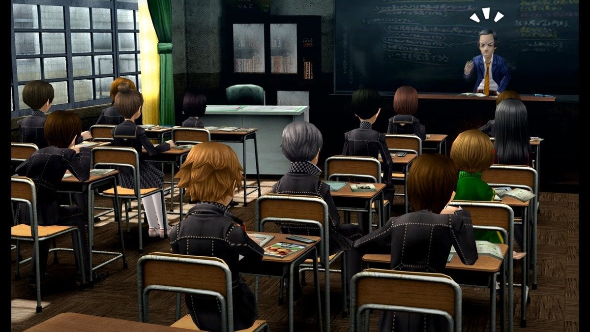 The Persona 4 Golden protagonist sitting in his high school classroom.