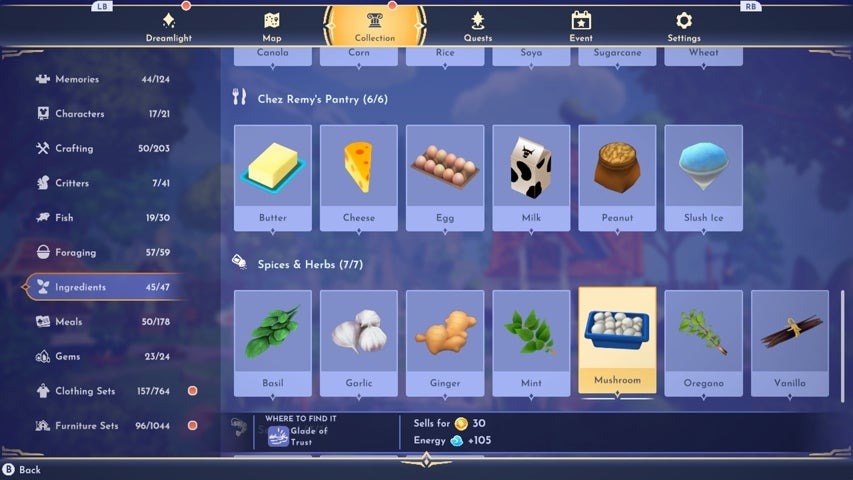 The ingredients screen in Disney Dreamlight Valley's collection tab.