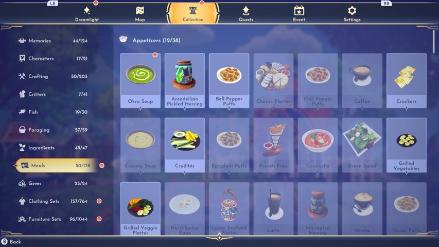 The meals screen in Disney Dreamlight Valley's collection tab