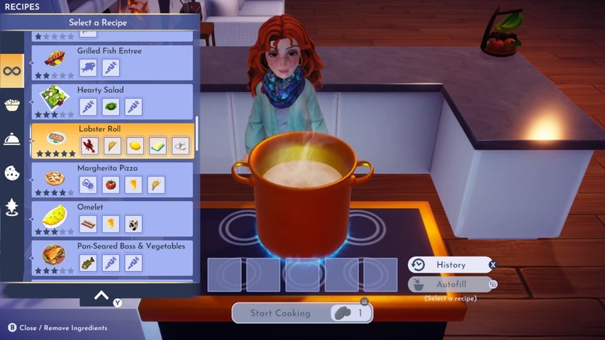The recipes panel in Disney Dreamlight Valley that can be selected when at a cooking stove