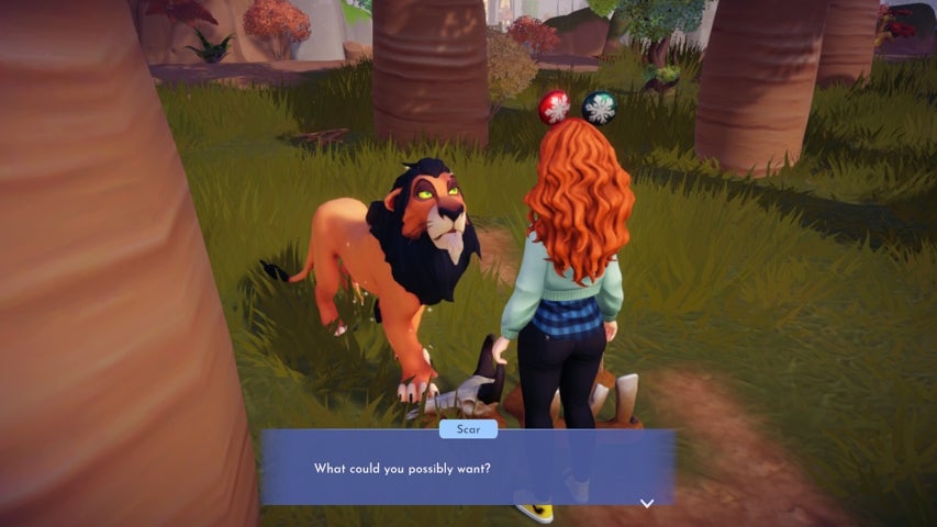Scar greeting a character sarcastically in Disney Dreamlight Valley