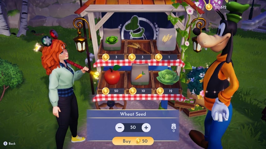A character buying wheat seeds at Goofy's stall in Disney Dreamlight Valley