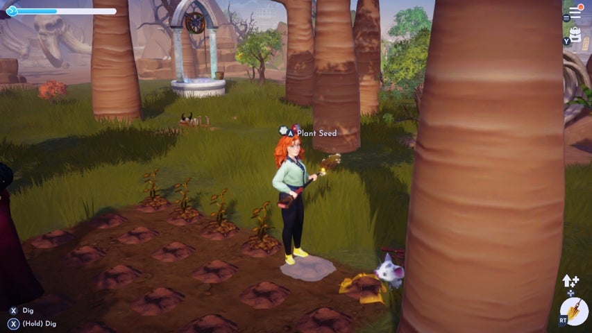 A character planting crops in DIsney Dreamlight Valley