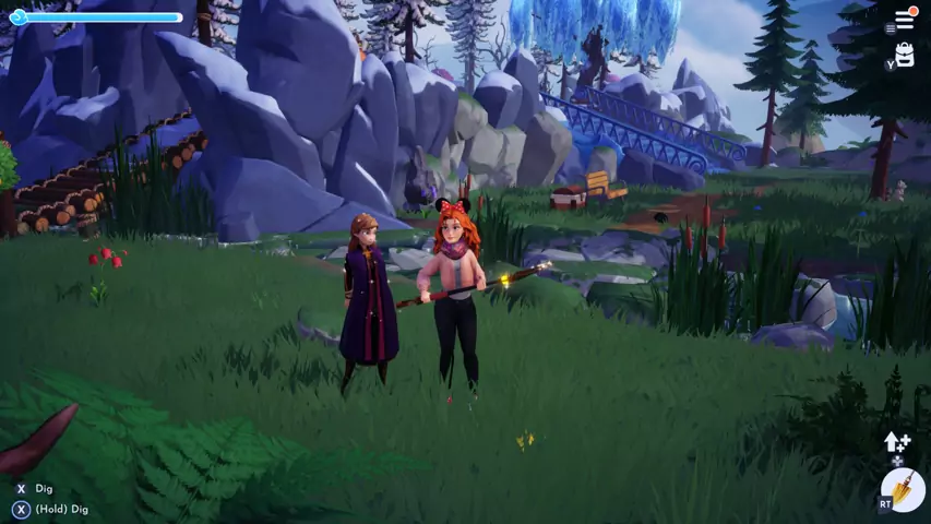 A character with Anna and the Royal Shovel in Disney Dreamlight Valley.