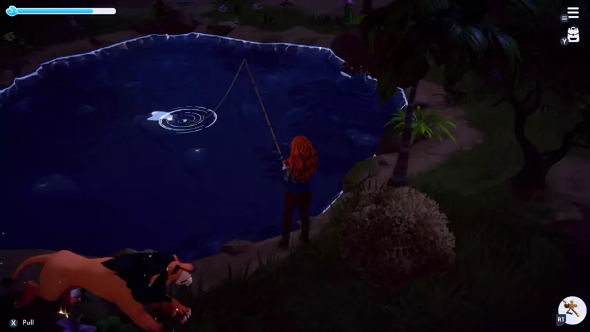 A character fishing for salmon in the Sunlit Plateau in Disney Dreamlight Valley