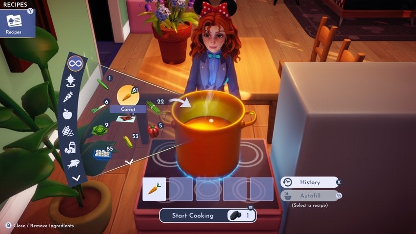 A character cooking crudites with a single carrot in Disney Dreamlight Valley