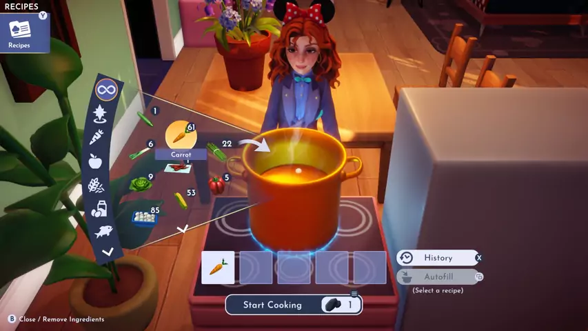 A character cooking crudites with a single carrot in Disney Dreamlight Valley
