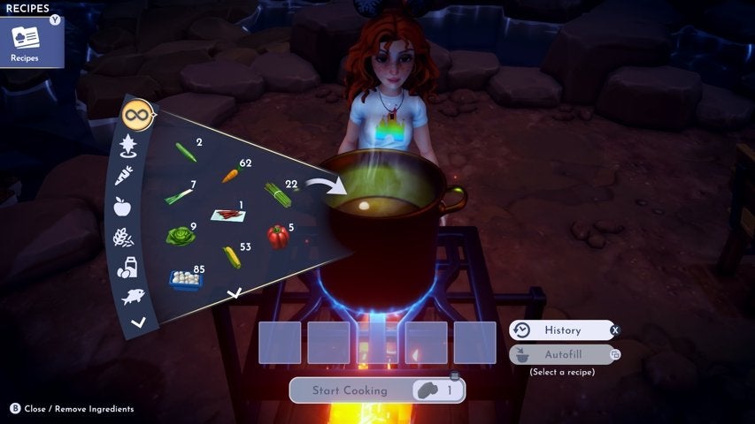 The cooking screen in Disney Dreamlight Valley
