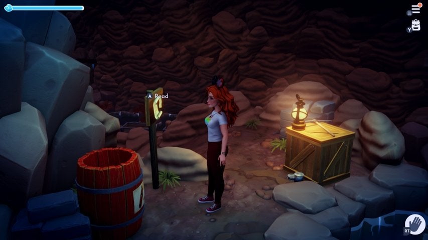 The signpost with instructions in the Vitalys Mine in Disney Dreamlight Valley