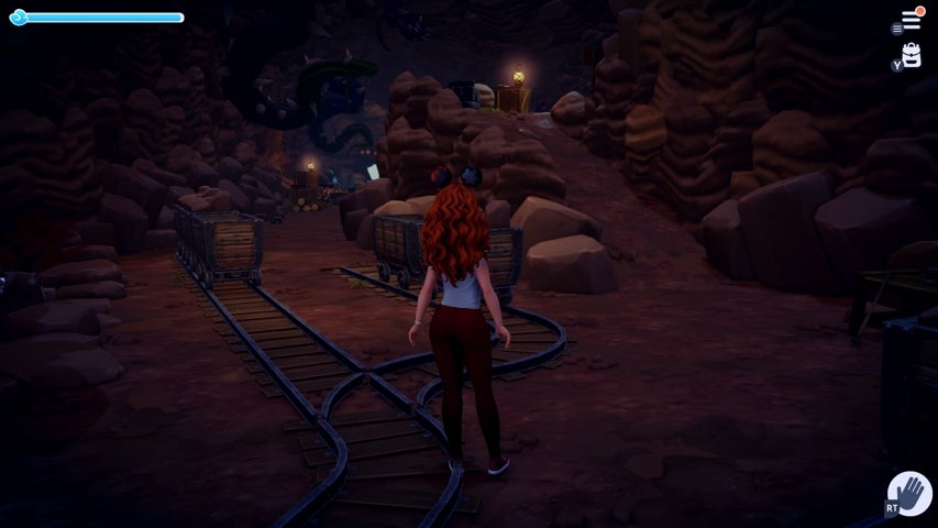 The intersection of the train tracks in the Vitalys Mines in Disney Dreamlight Valley